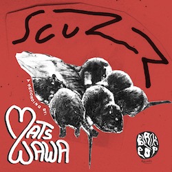 Cover von Mats Wawa - Scuzz; ausgeschnittene Schwarzweiß-Fotos von Ratten auf rotem Hintergrund