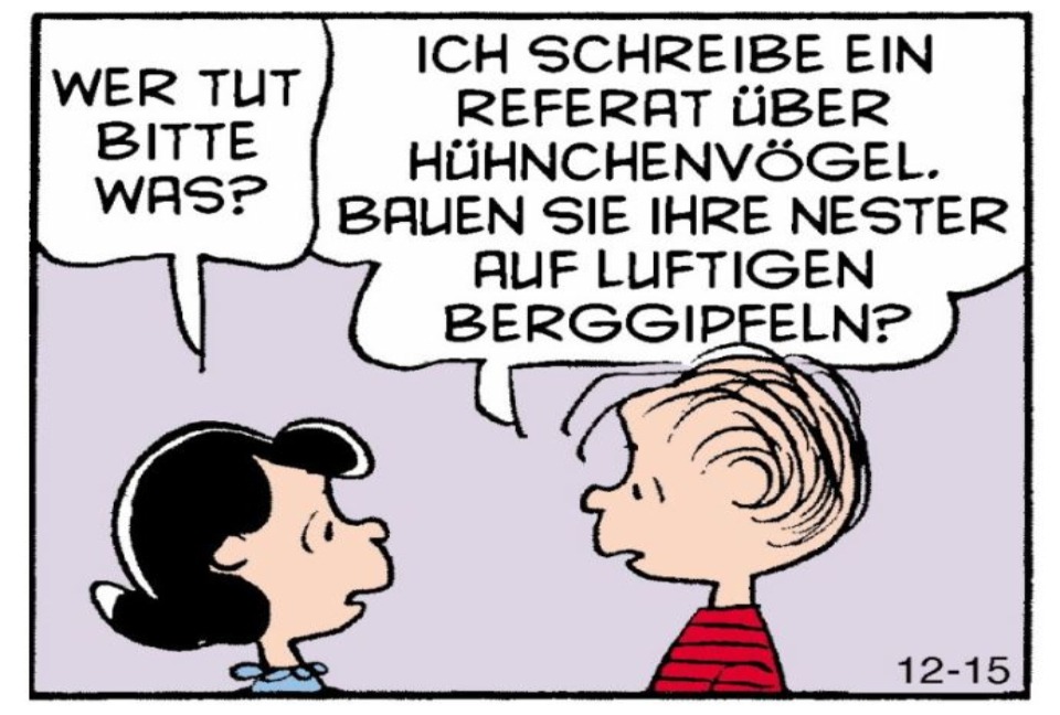 Peanuts Cartoon mit einem Witz über Referate an der Uni