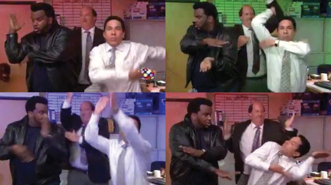 Wild gestikulierende Männer in einem Büro.